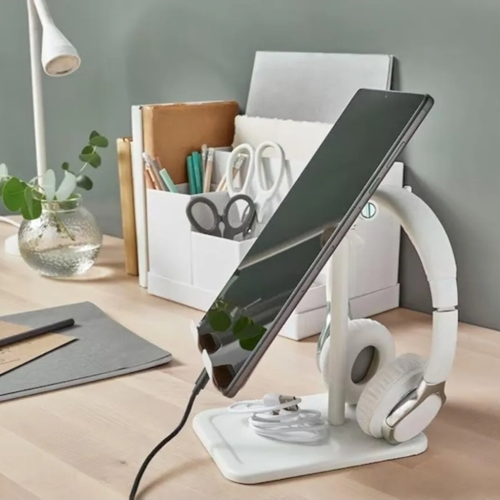 Adjustable Tablet Stand With Accessory Hanger And Cork Surface - Silver & White - Picture 2 of 10